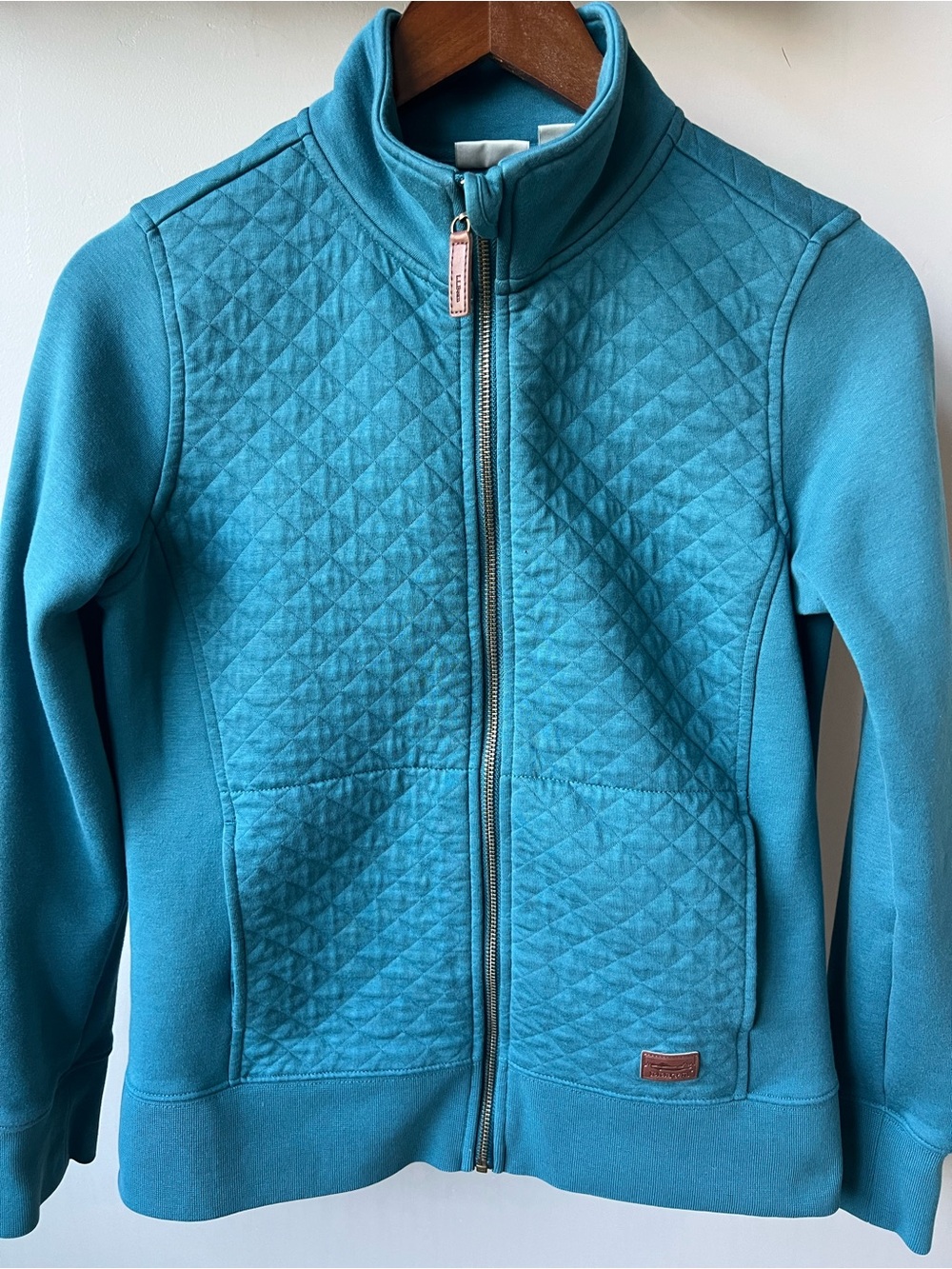 L.L. Bean Teal Quilted Full Zip Sweatshirt Mock Neck Jacket Size XS Petite XSP